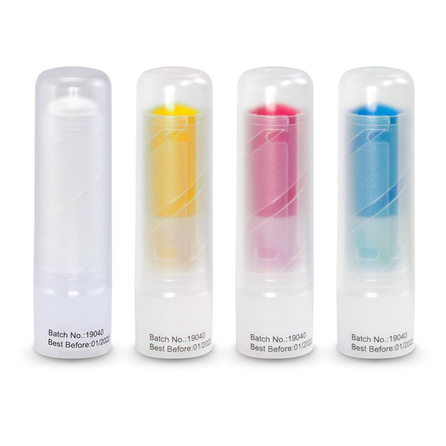A set of four zinc sticks in transparent packaging, featuring pink, yellow, blue, and clear colours. Each has a brand logo. A set of four zinc sticks in transparent packaging, featuring pink, yellow, blue, and clear colours. Each has a brand logo.