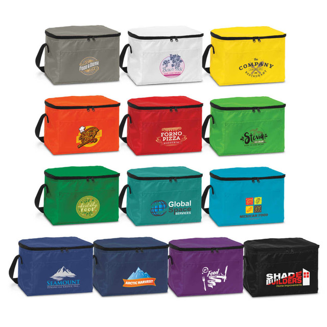 A range of colourful Alaska cooler bags in various sizes and designs, with multiple logos and branding. A range of colourful Alaska cooler bags in various sizes and designs, with multiple logos and branding.