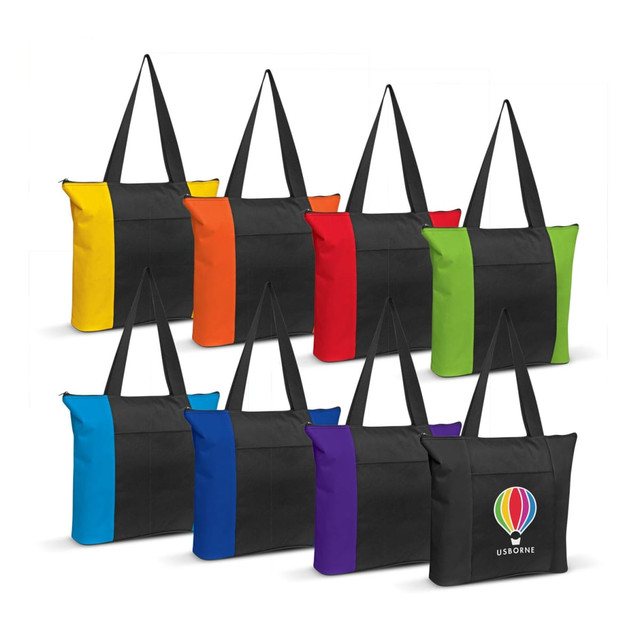 Avenue Tote Bags in black with vibrant panels in yellow, orange, red, green, blue, and a logo on one bag. Avenue Tote Bags in black with vibrant panels in yellow, orange, red, green, blue, and a logo on one bag.