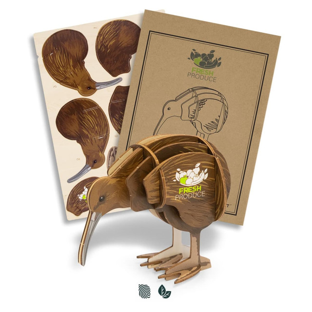 A wooden kiwi model in shades of brown, accompanied by design templates and a branding logo.