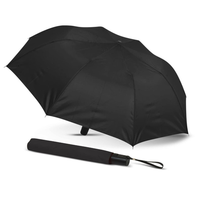 A black compact umbrella displayed open and closed, featuring a handle with a wrist strap and a logo.