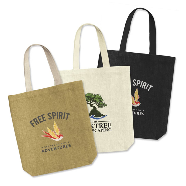 A collection of three jute tote bags in khaki, cream, and black, each featuring a logo on the front. A collection of three jute tote bags in khaki, cream, and black, each featuring a logo on the front.