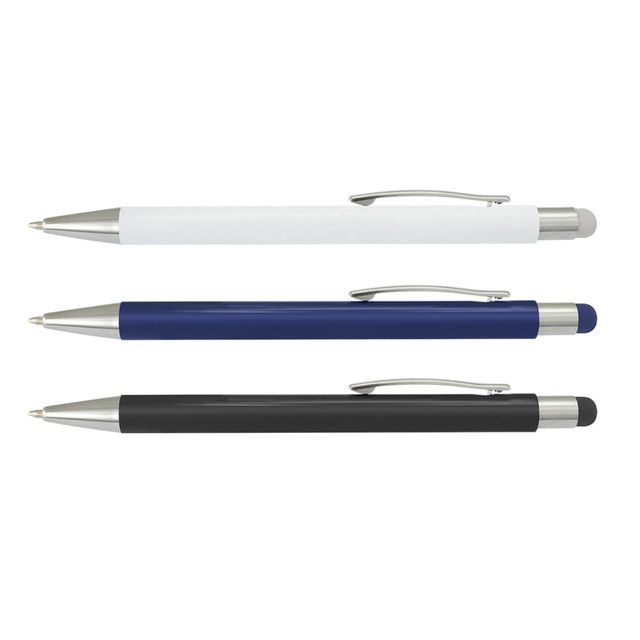 A set of Lancer stylus pens in white, navy blue, and black, featuring a sleek metallic finish and clips. A set of Lancer stylus pens in white, navy blue, and black, featuring a sleek metallic finish and clips.