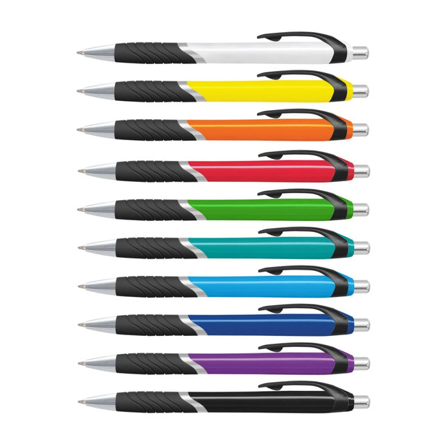 A collection of plastic pens with coloured barrels in yellow, orange, red, green, blue, and purple, featuring black grips and silver accents. A collection of plastic pens with coloured barrels in yellow, orange, red, green, blue, and purple, featuring black grips and silver accents.