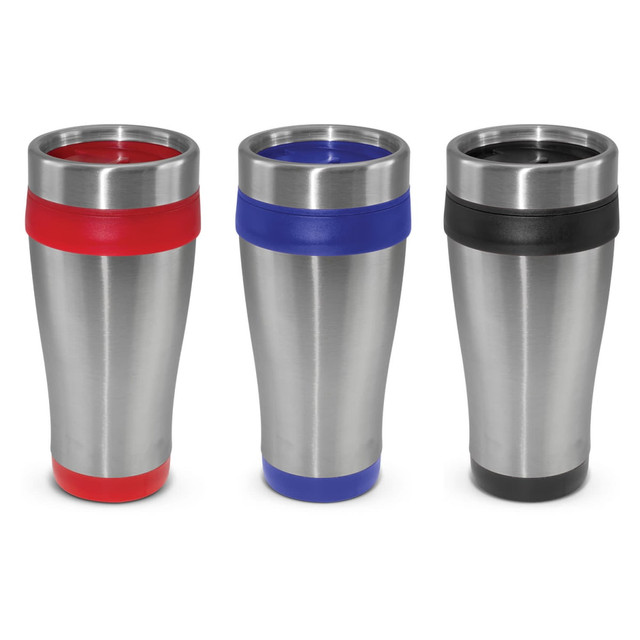 A travel mug set featuring red, blue, and black accents with stainless steel bodies and lids, each with a logo. A travel mug set featuring red, blue, and black accents with stainless steel bodies and lids, each with a logo.