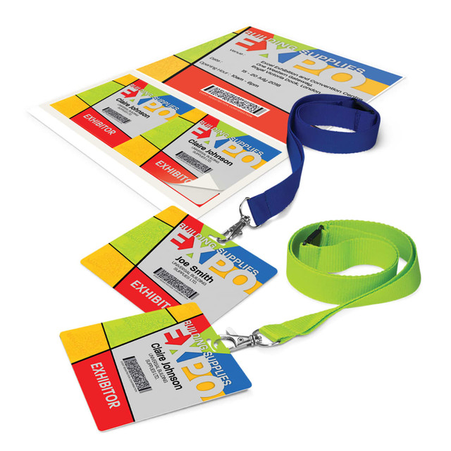 Name badges in bright colours of yellow, green, and red with lanyards, displayed alongside a sheet of printed badges. Name badges in bright colours of yellow, green, and red with lanyards, displayed alongside a sheet of printed badges.