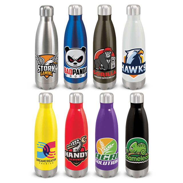 A drink bottle collection featuring various colours: silver, blue, red, yellow, purple, black, and adorned with logos. A drink bottle collection featuring various colours: silver, blue, red, yellow, purple, black, and adorned with logos.