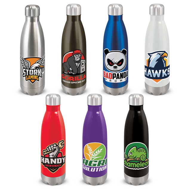 A drink bottle collection featuring stainless steel and coloured bottles in red, blue, black, purple, and white, each with a logo.