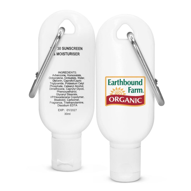 A white 30ml sunscreen bottle with a carabiner clip and an organic logo, featuring a rounded design. A white 30ml sunscreen bottle with a carabiner clip and an organic logo, featuring a rounded design.