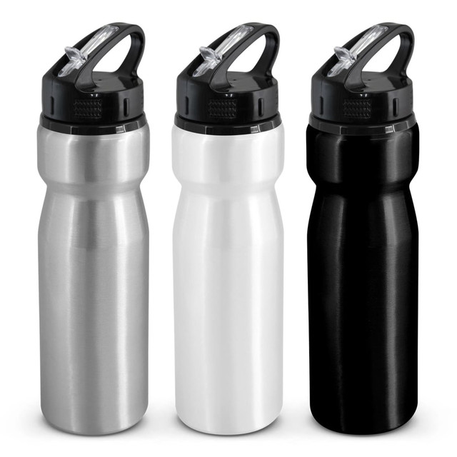 A drink bottle set featuring three variations: silver, white, and black, each with a flip cap and a handle. A drink bottle set featuring three variations: silver, white, and black, each with a flip cap and a handle.