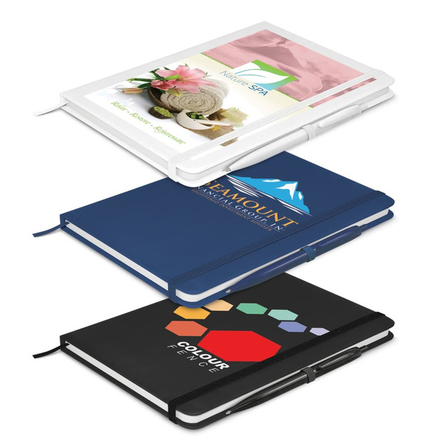 Three notebooks in various colours: a white one with a floral design, a dark blue one, and a black one with a logo. Each has an attached pen. Three notebooks in various colours: a white one with a floral design, a dark blue one, and a black one with a logo. Each has an attached pen.