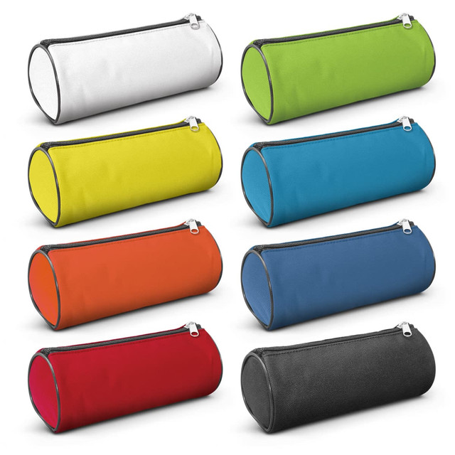 Eight cylindrical pencil cases in various colours: white, green, yellow, orange, blue, teal, red, and black. Each has a zip closure and branding. Eight cylindrical pencil cases in various colours: white, green, yellow, orange, blue, teal, red, and black. Each has a zip closure and branding.