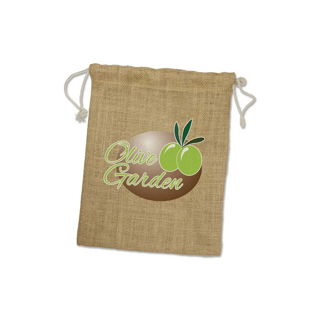 A medium jute gift bag in a natural beige colour featuring an olive-themed logo and drawstring closure. A medium jute gift bag in a natural beige colour featuring an olive-themed logo and drawstring closure.