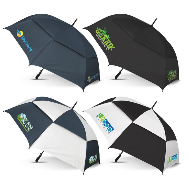 Four Trident Sports Umbrellas in various colour combinations: black, blue, and a mix of black and white, each featuring a logo. Four Trident Sports Umbrellas in various colour combinations: black, blue, and a mix of black and white, each featuring a logo.