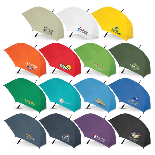 A collection of umbrellas in various colours, featuring different logos and branding on each. A collection of umbrellas in various colours, featuring different logos and branding on each.