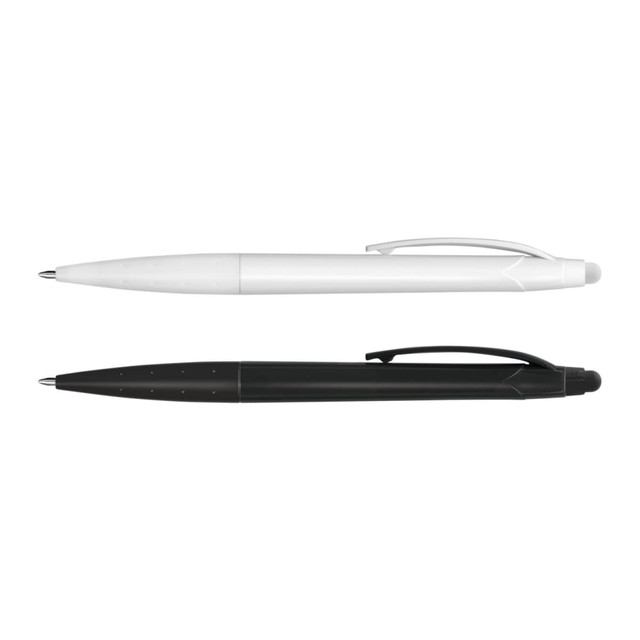 A stylus pen set featuring a white pen and a black pen, both with a sleek design and a logo. A stylus pen set featuring a white pen and a black pen, both with a sleek design and a logo.