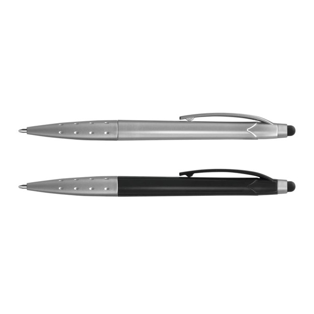 A metallic stylus pen set, featuring a silver pen with a black tip and a black pen, both with a logo. A metallic stylus pen set, featuring a silver pen with a black tip and a black pen, both with a logo.