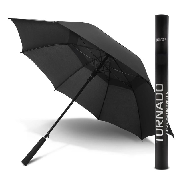 A black Swiss Peak Tornado 58cm umbrella displayed open beside its matching protective cover. A black Swiss Peak Tornado 58cm umbrella displayed open beside its matching protective cover.