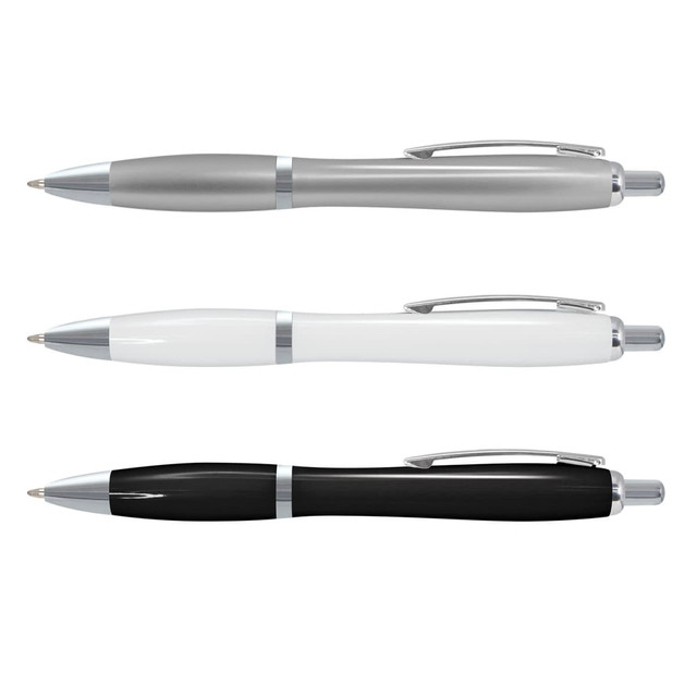 Three plastic pens in silver, white, and black colours, each featuring a metallic clip and accents. Three plastic pens in silver, white, and black colours, each featuring a metallic clip and accents.