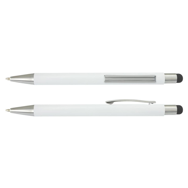 A Lancer stylus pen with a white barrel and metal accents, featuring a pen tip and a stylus tip.
