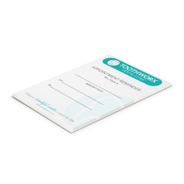 A notepad with a white cover featuring a logo, designed for appointment reminders, and has 25 leaves. A notepad with a white cover featuring a logo, designed for appointment reminders, and has 25 leaves.