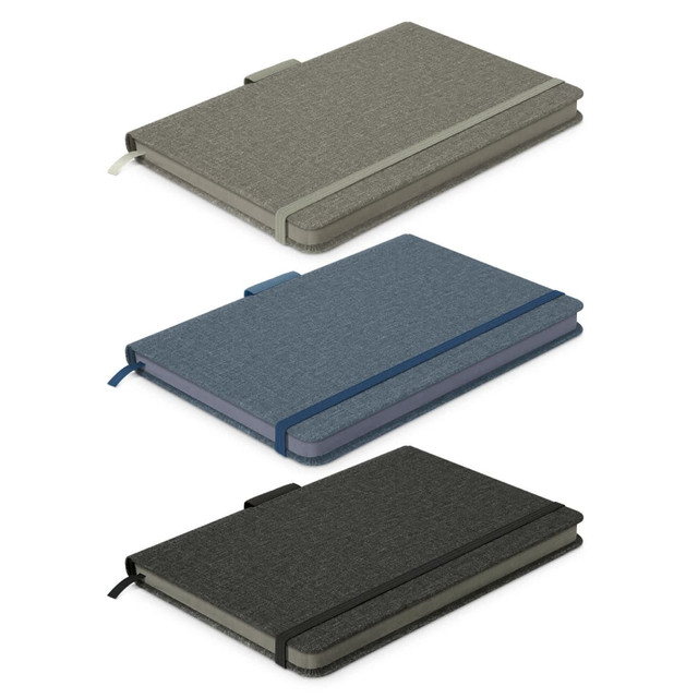 Three notebooks featuring a textured cover in grey, blue, and dark grey, each with an elastic band closure and ribbon marker. Three notebooks featuring a textured cover in grey, blue, and dark grey, each with an elastic band closure and ribbon marker.