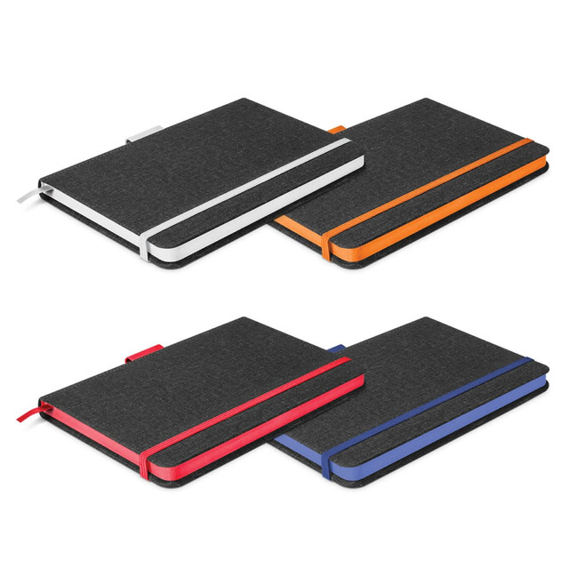A set of three two-tone notebooks in black with white, orange, and blue accents, featuring elastic closures and branding. A set of three two-tone notebooks in black with white, orange, and blue accents, featuring elastic closures and branding.