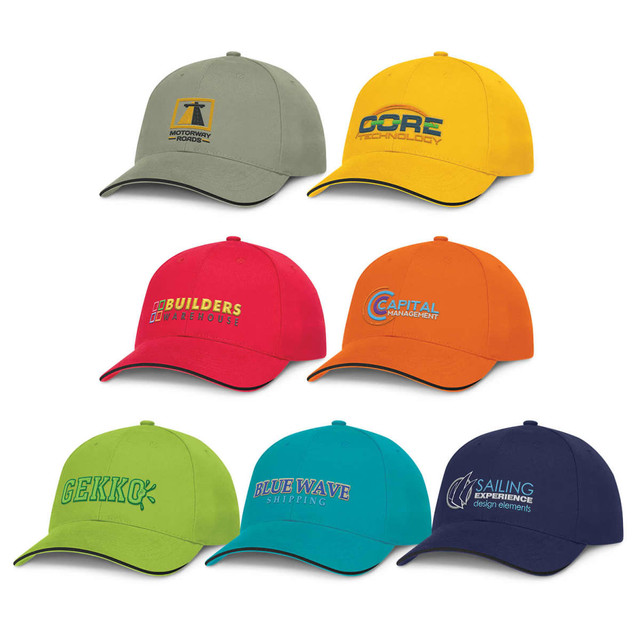 A variety of caps featuring black trim in green, yellow, red, orange, and blue with assorted logos. A variety of caps featuring black trim in green, yellow, red, orange, and blue with assorted logos.