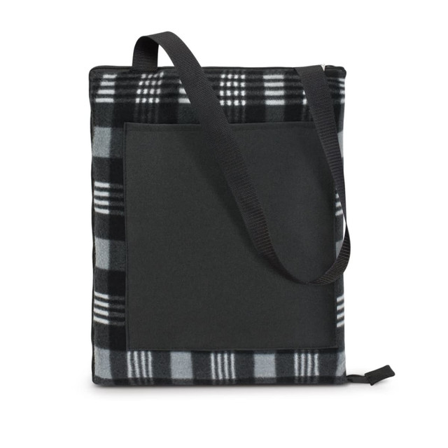 A plaid picnic blanket in black and grey, featuring a carry strap and a pocket on the back. A plaid picnic blanket in black and grey, featuring a carry strap and a pocket on the back.