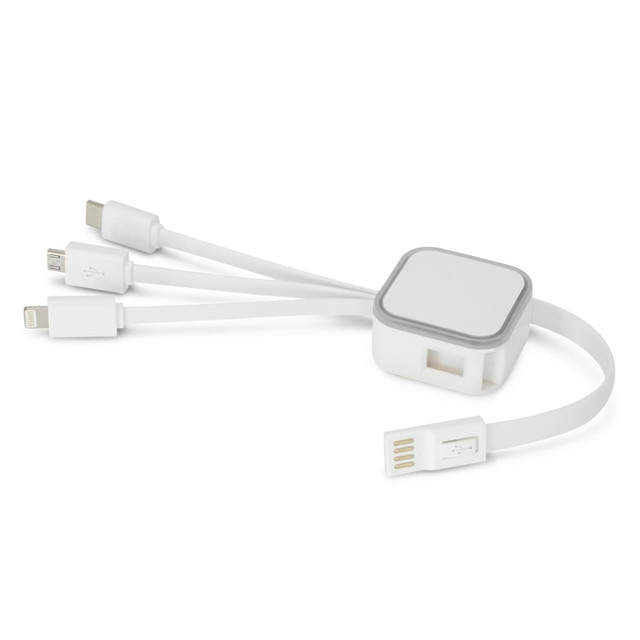 A white charging cable with multiple connectors, including USB, Lightning, and Micro USB, attached to a rectangular hub. A white charging cable with multiple connectors, including USB, Lightning, and Micro USB, attached to a rectangular hub.