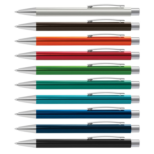 A collection of metal pens in white, black, green, blue, orange, red, and other colours, featuring silver accents and clips.