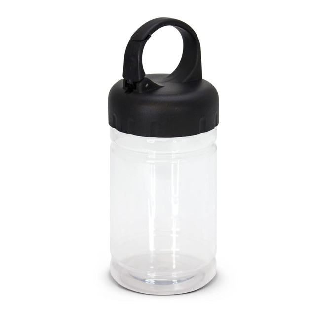 A clear drink bottle with a black lid and handle, featuring a logo on the front. A clear drink bottle with a black lid and handle, featuring a logo on the front.