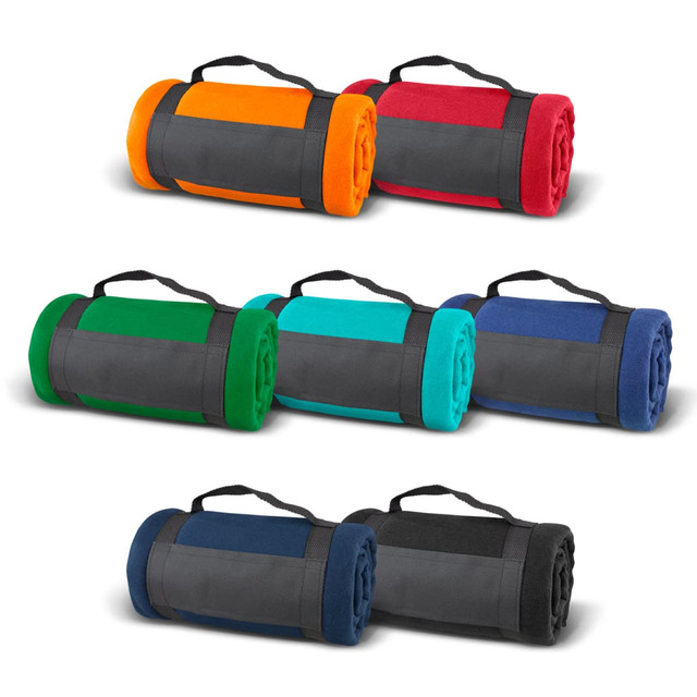 A set of rolled fleece blankets in orange, red, green, teal, blue, navy, and black, each with a strap. A set of rolled fleece blankets in orange, red, green, teal, blue, navy, and black, each with a strap.