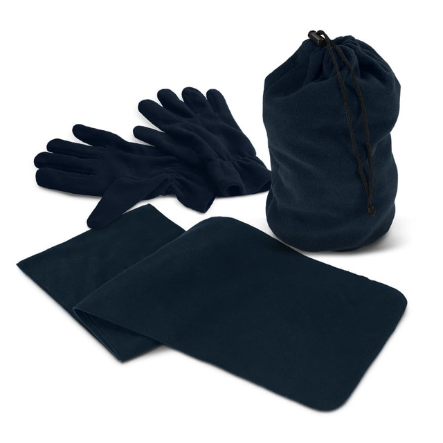 A navy blue scarf, gloves, and storage bag arranged together, featuring a smooth fleece texture. A navy blue scarf, gloves, and storage bag arranged together, featuring a smooth fleece texture.