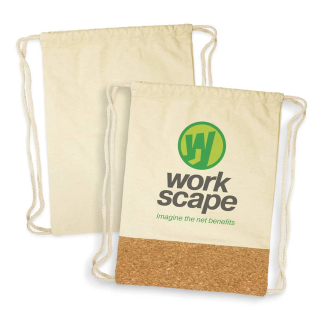 A drawstring backpack in cream with a cork base, featuring a logo in green and black.