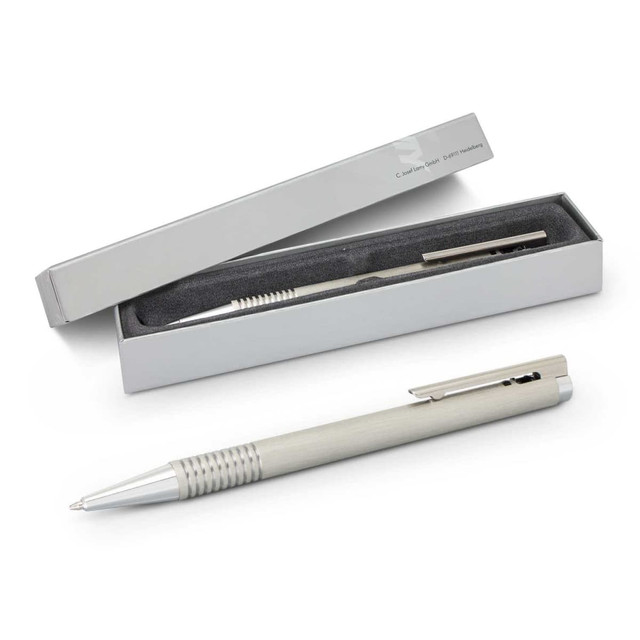 A brushed steel pen resting beside its grey presentation box, featuring a sleek design and a brand logo. A brushed steel pen resting beside its grey presentation box, featuring a sleek design and a brand logo.