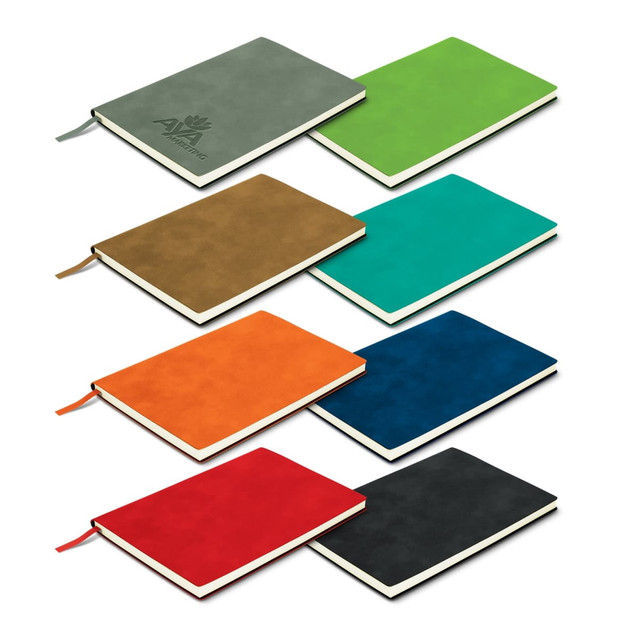 A range of soft cover notebooks in various colours: green, brown, orange, teal, blue, red, and black, each with a logo. A range of soft cover notebooks in various colours: green, brown, orange, teal, blue, red, and black, each with a logo.