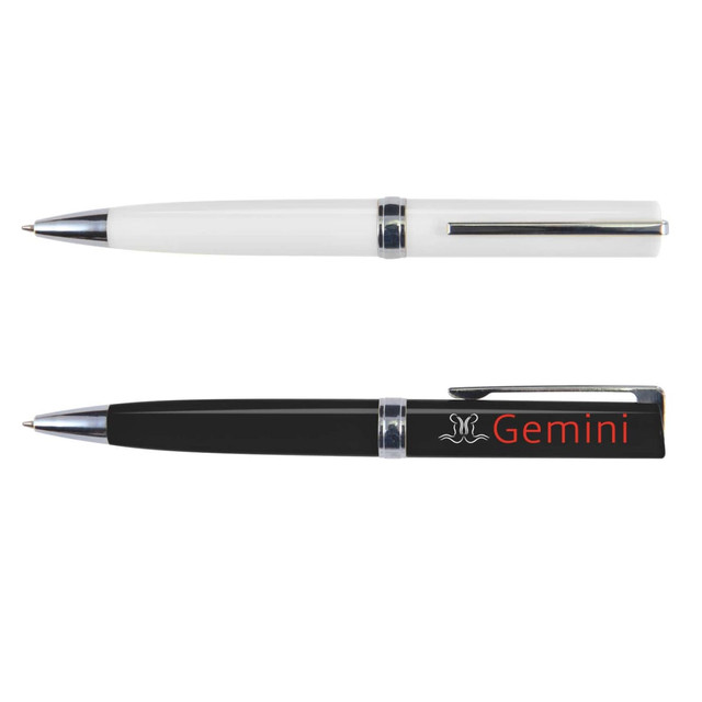 A white plastic pen and a black plastic pen, both featuring shiny accents and a logo. A white plastic pen and a black plastic pen, both featuring shiny accents and a logo.