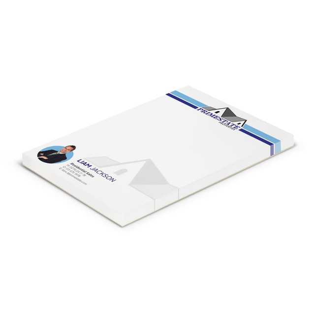 A7 note pad featuring 50 white leaves with a blue and white design and a logo at the top. A7 note pad featuring 50 white leaves with a blue and white design and a logo at the top.