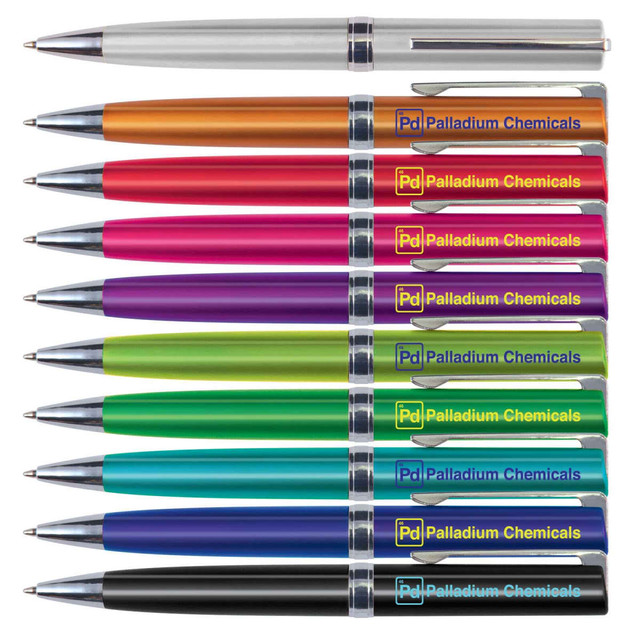 A collection of Gemini Metallic Pens in silver, orange, pink, red, green, blue, and purple, each with a branding logo. A collection of Gemini Metallic Pens in silver, orange, pink, red, green, blue, and purple, each with a branding logo.