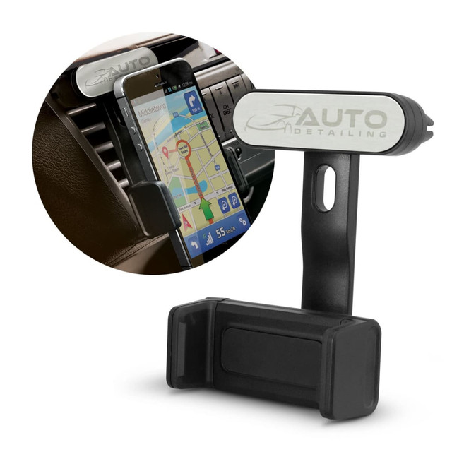 A car phone holder in black, designed to securely hold a smartphone while driving. It features a clip for air vents and a branding logo. A car phone holder in black, designed to securely hold a smartphone while driving. It features a clip for air vents and a branding logo.