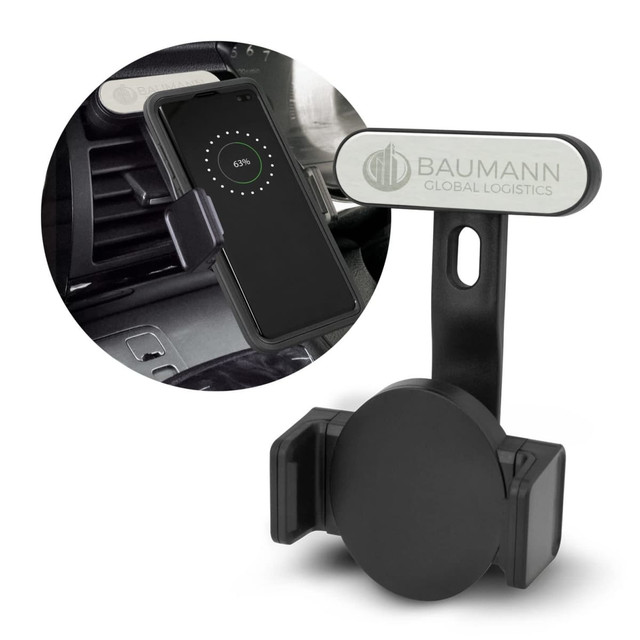 A black wireless charging phone holder designed for cars, featuring a clip attachment and a branded logo. A black wireless charging phone holder designed for cars, featuring a clip attachment and a branded logo.