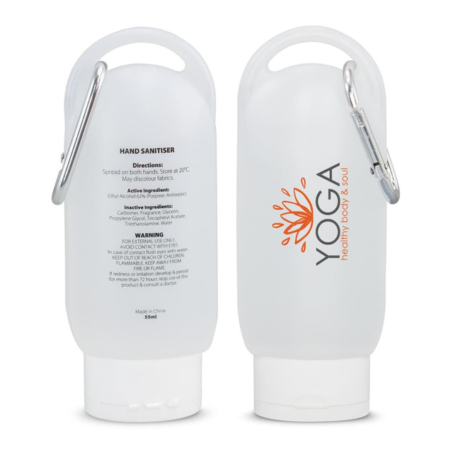 A frosted white gel hand sanitiser bottle, 55ml, featuring a silver carabiner and a logo. A frosted white gel hand sanitiser bottle, 55ml, featuring a silver carabiner and a logo.