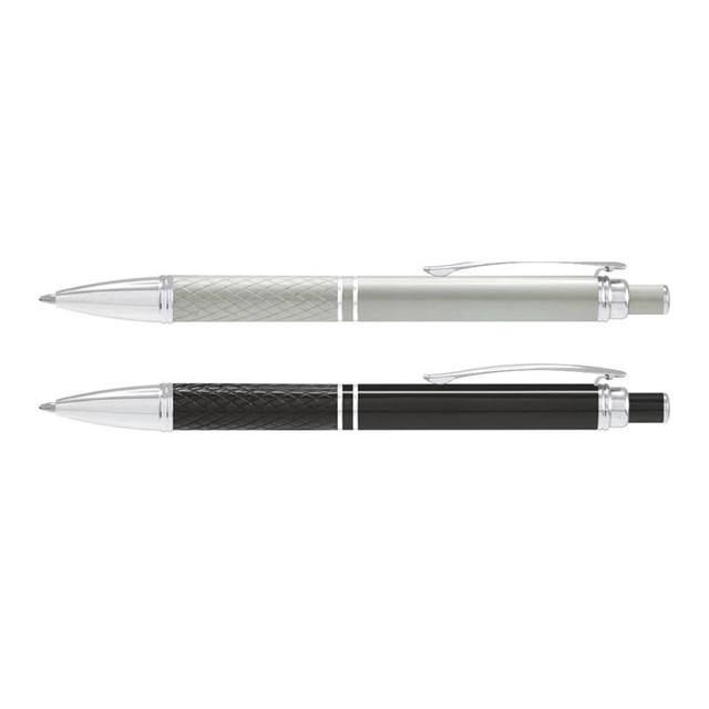 A set of two metal pens, one silver and one black, featuring a textured design and clips. Each pen has a logo.