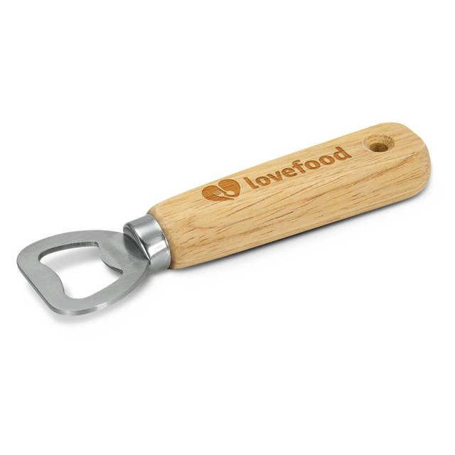 A drink bottle opener with a stainless steel head and a wooden handle, featuring a logo. A drink bottle opener with a stainless steel head and a wooden handle, featuring a logo.