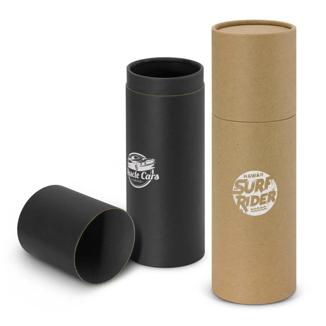 A drink bottle gift tube in black and kraft, featuring a logo, with one tube rimmed open and the other closed. A drink bottle gift tube in black and kraft, featuring a logo, with one tube rimmed open and the other closed.