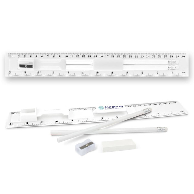 A stationery set including two white pens, an eraser, and a clear ruler with metric measurements. A stationery set including two white pens, an eraser, and a clear ruler with metric measurements.