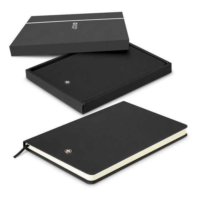 A black A5 notebook with a ribbon bookmark, presented in a stylish black box, featuring a logo on the cover. A black A5 notebook with a ribbon bookmark, presented in a stylish black box, featuring a logo on the cover.