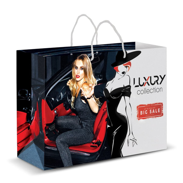 A full-colour carry bag featuring a stylish design with a woman and a logo, primarily in black and red. A full-colour carry bag featuring a stylish design with a woman and a logo, primarily in black and red.