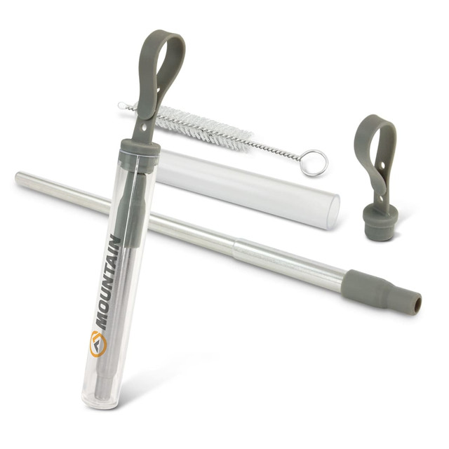 A telescopic straw and case in shades of silver and grey, with a cleaning brush and attachment included. A telescopic straw and case in shades of silver and grey, with a cleaning brush and attachment included.